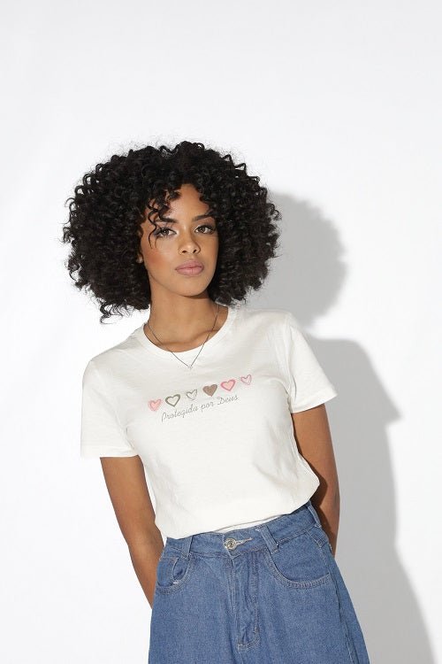 Camiseta Baby Look Feminino Manga Curta - Protegida por Deus - Off-White - iesustore
