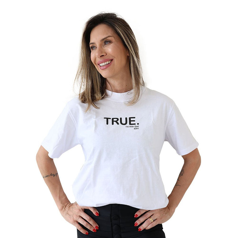 Camiseta Básica Feminino Manga Curta - True. And With God - Branca - iesustore