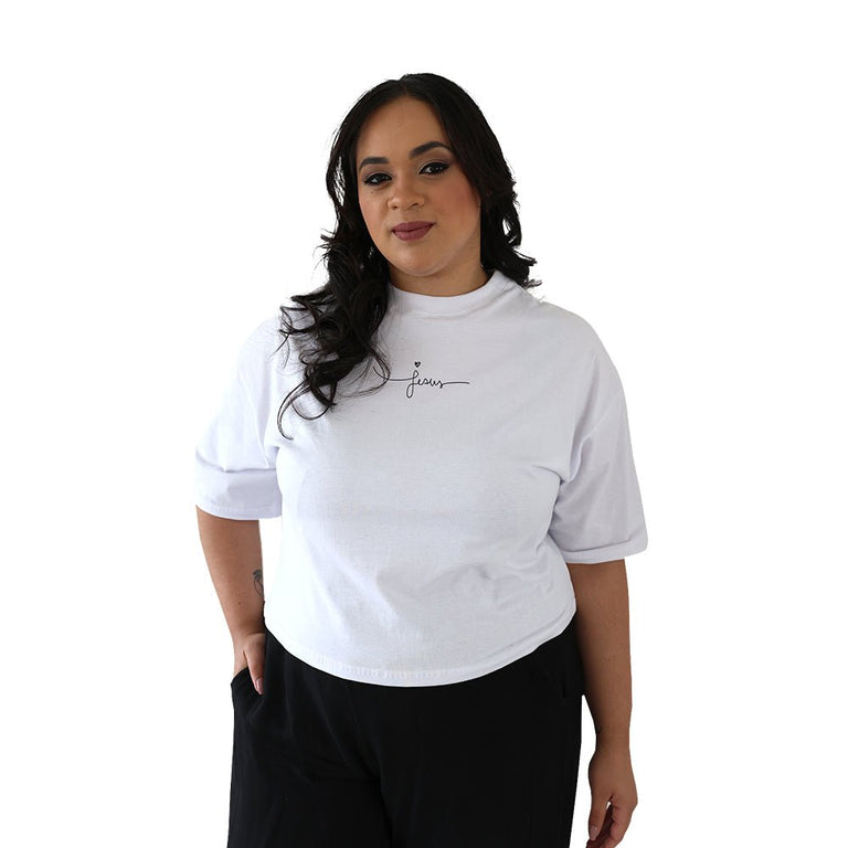 Camiseta Cropped Oversized Feminino Manga Curta - Jesus - Branca - iesustore