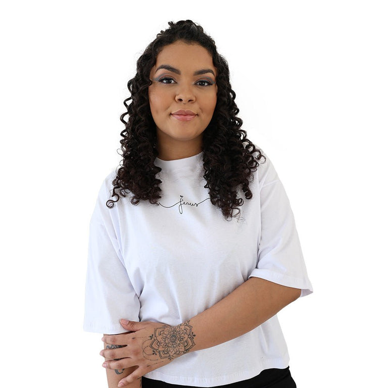 Camiseta Cropped Oversized Feminino Manga Curta - Jesus - Branca - iesustore