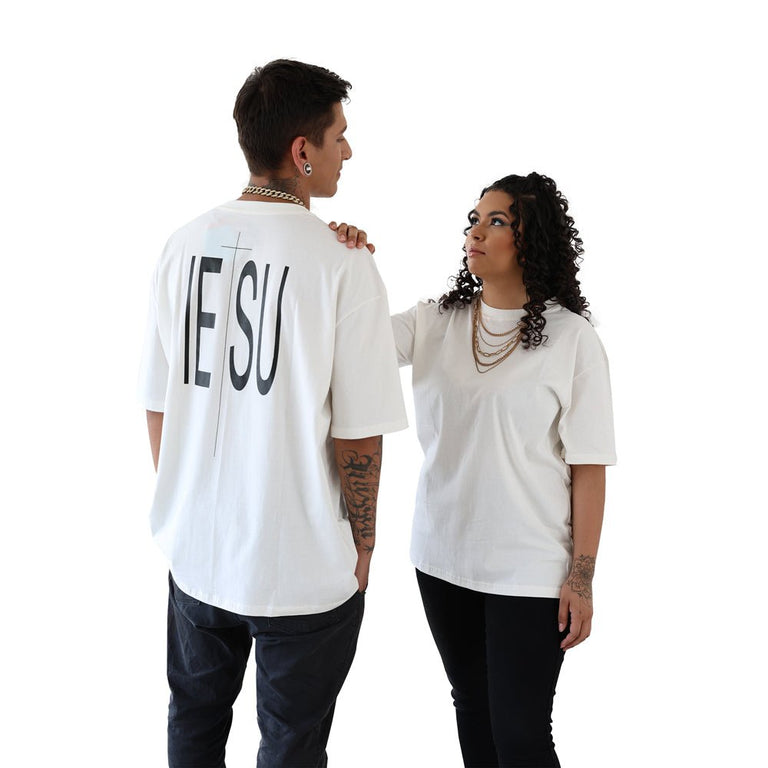 Camiseta Oversized Unissex Manga Curta - IESU Cruz - Off White - iesustore